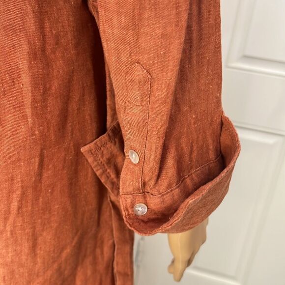 Camaieu Tunic Dress 💯 Linen Collar V Neck Rust Burnt Orange Belted 3/4 Sleeves - Picture 4 of 13